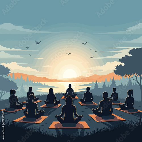 Serene group meditating at sunrise by tranquil lake, embracing inner peace and mindful connection with nature's beauty