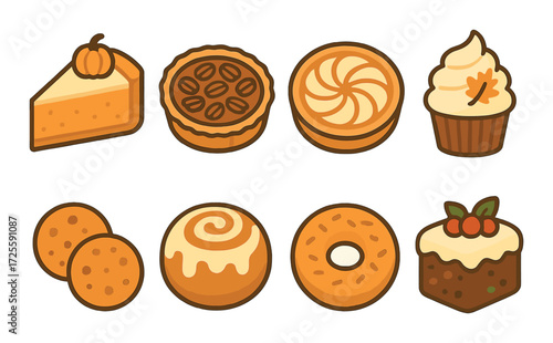 Autumn desserts collection: pumpkin pie, pecan tart, cinnamon roll, fruitcake, cupcake