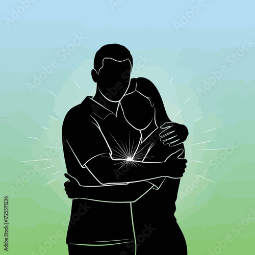 Deeply connected couple sharing a powerful embrace, radiating warmth and love with glowing hearts in a serene gradient backdrop
