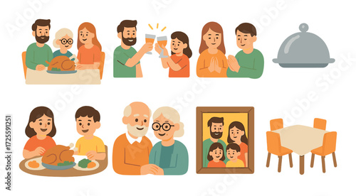 Family dining celebration: thanksgiving dinner with turkey and toasting