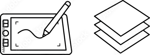 Digital drawing tablet and layers icons representing graphic design and editing concepts vector