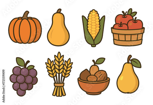 Autumn harvest icons: pumpkin, pear, corn, apples, grapes, wheat, nuts