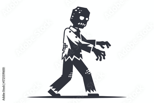 Black silhouette zombie character with torn clothes is walking slowly on a plain surface