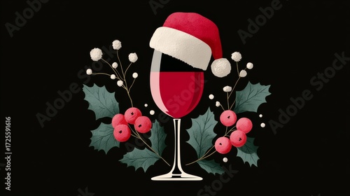 Festive holiday illustration featuring a wine glass adorned with a Santa hat, surrounded by vibrant red berries and green holly leaves, creating a cheerful seasonal atmosphere for celebrations