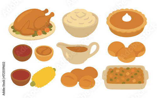 Thanksgiving dinner: roast turkey, mashed potatoes, pumpkin pie, gravy, and assorted sides
