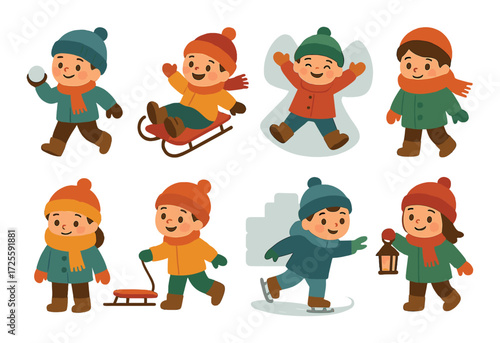 Cartoon children enjoying winter activities in colorful outfits