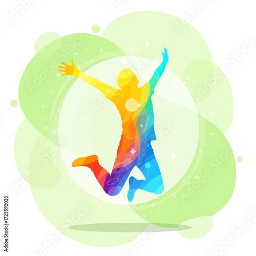Vibrant silhouette leaps with arms raised in joyful celebration, surrounded by luminous green abstract shapes and sparkling light