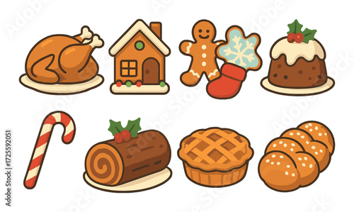 Festive holiday treats collection with roast turkey and gingerbread house