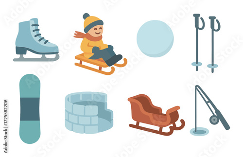 Winter fun icons: child sledding, snowball, ice skate, snowboard, igloo, sleigh