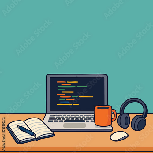 Modern Coding Workspace – Developer Desk Setup with Computer, Laptop, and Programming Screens