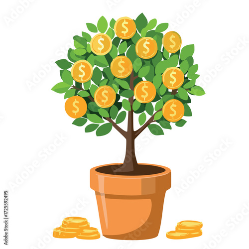 Money tree with gold coins dollars. Finance and banks, savings and investments. Vector illustration.