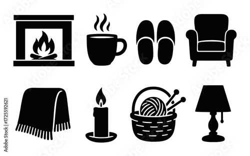 Cozy home icons: fireplace, mug, slippers, armchair, blanket, candle, yarn, lamp