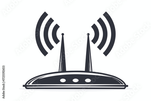 Black wireless modem emits connection waves through two antennas on a white background
