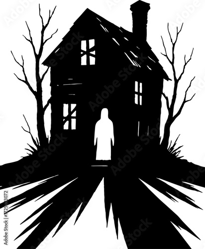 Abandoned house with ghostly figure at the doorway silhouette vector with white background  