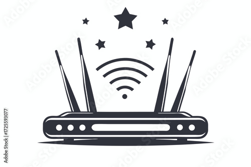 Black Wireless Router with Antenna Emitting Three WiFi Signals on a White Backdrop