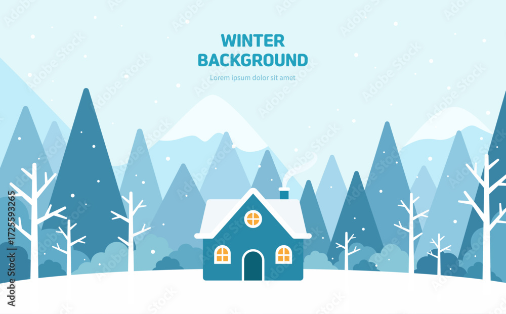 Naklejka premium 눈 덮인 숲속의 아늑한 겨울 집 백그라운드