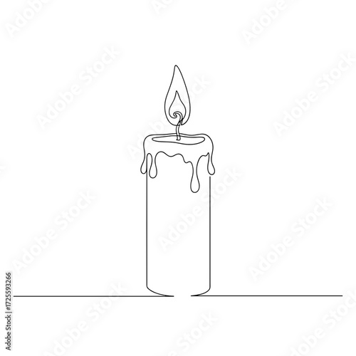 Candle single-line drawing, minimalist flame and dripped wax icon in black on transparent background for ceremonies or calm interiors.