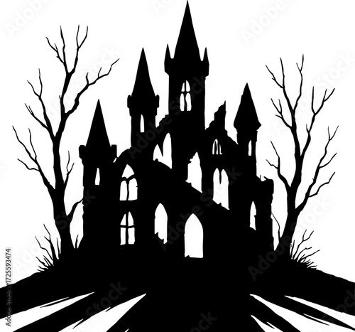 Gothic castle ruins surrounded by dead trees - haunted theme vector with white background 
