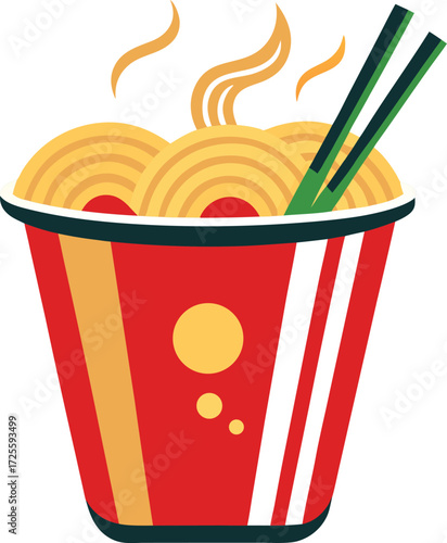 Illustration of a cup of noodle with chopsticks the noodle is yellow and the cup is red with orange and yellow details the chopsticks are green