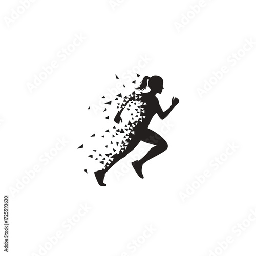 Dynamic silhouette of a runner dispersing into geometric shapes, symbolizing speed and motion in sports.