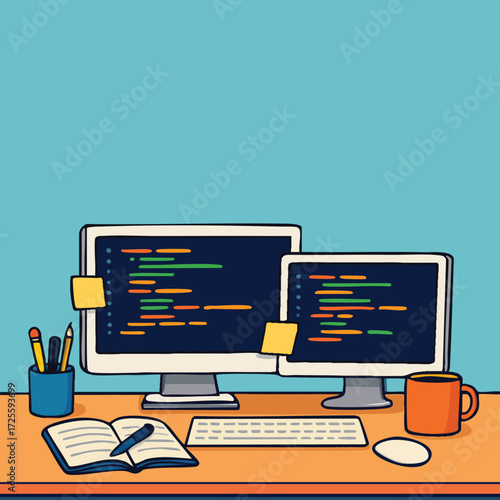 Modern Coding Workspace – Developer Desk Setup with Computer, Laptop, and Programming Screens