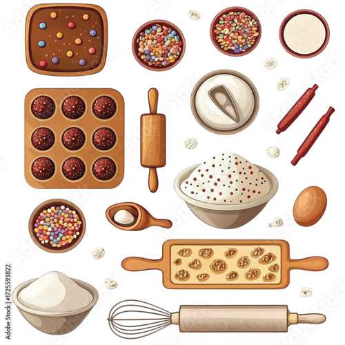 Baking ingredients and tools including rolling pins and sprinkles  