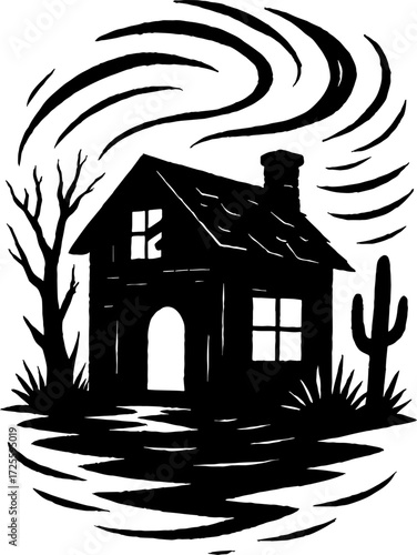 Spooky cabin in desert with dust storm around silhouette vector with white background 