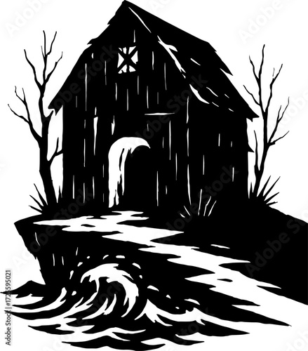 Worn-out wooden barn with eerie shadows in doorway silhouette vector with white background 