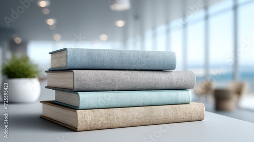 Stack of Textured Books on Desk in Bright Modern Office Space