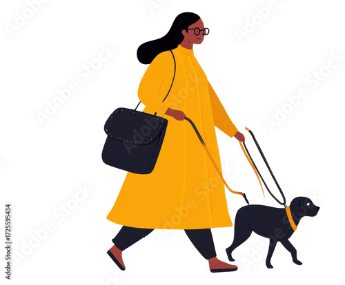 A Woman in a Bright Yellow Coat Walking Her Black Dog on a Dark Background, Emphasizing Style and Companionship in Urban Life isolated on transparent background