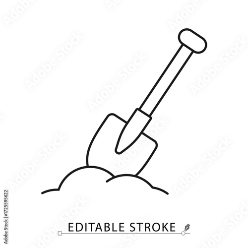 A shovel in the ground icon in a minimalist style with editable stroke. Gardening tool, digging equipment, construction work symbol, farming instrument, ground excavation, soil work concept.