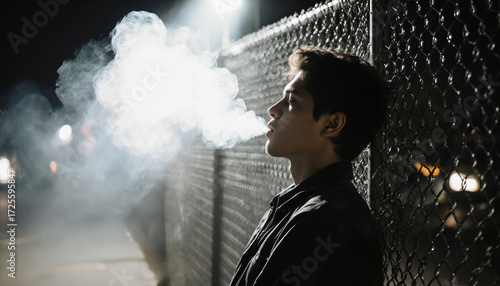 Grunge young man leaning against chain-link fence, cigarette smoke glowing in white car headlights, gritty alternative underground style full body illustration