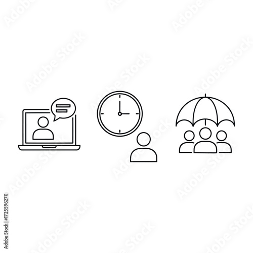 Icons representing remote work time management customer support and team protection services vector