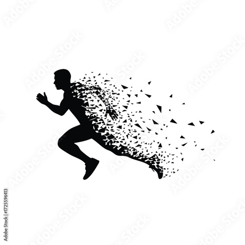 Dynamic silhouette of a runner bursting into fragments, symbolizing speed, motion, and energy in sports.