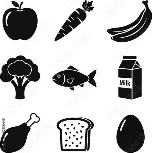 A monochrome icon set depicting a variety of common food items for healthy eating and balanced