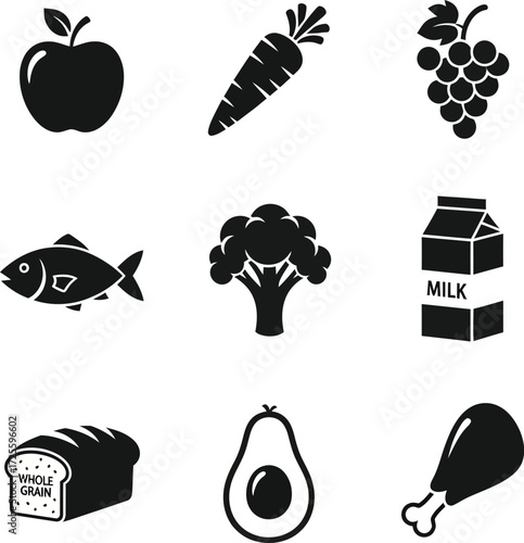 Collection of essential food group icons illustrating a balanced and healthy diet plan