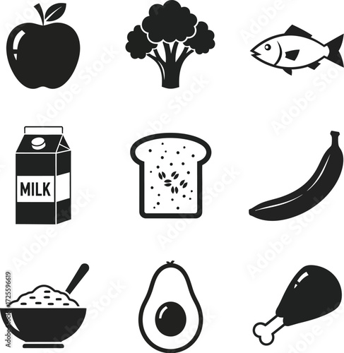 Assortment of food icons symbolizing a balanced diet and nutritional food choices