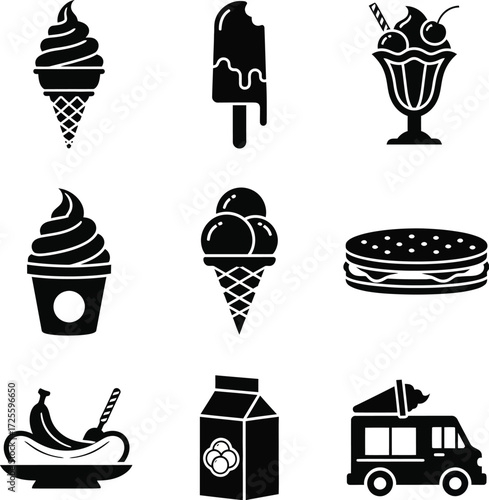 Black and white food icons collection illustrating diverse culinary delights and frozen treats