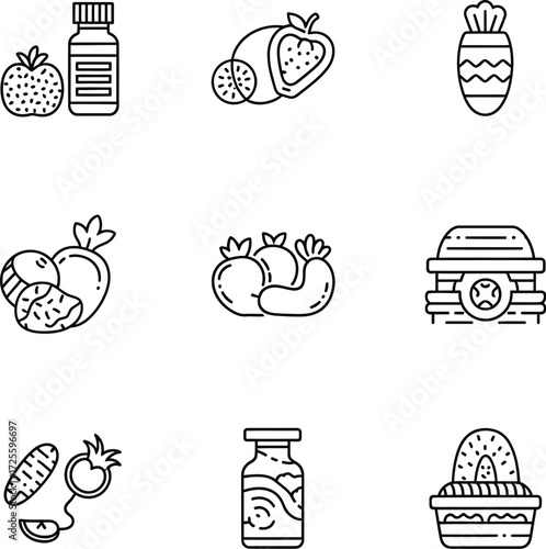 Collection of minimalist outline icons representing various food ingredients and dishes