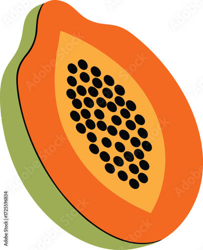 Illustration of a papaya half, showcasing its vibrant orange flesh and black seeds, perfect for healthy eating and tropical fruit themes