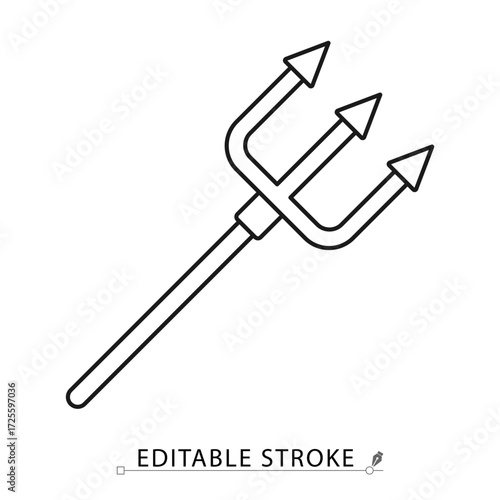 A demon trident icon in a minimalist line style with editable stroke. Devil weapon, satanic pitchfork, hell spear, evil fantasy costume accessory, horror mythology symbol, satan power.