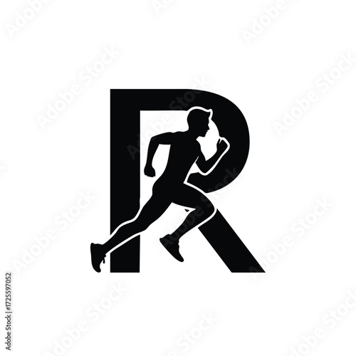 Dynamic silhouette of a runner in motion, symbolizing speed and athleticism against a bold letter backdrop.