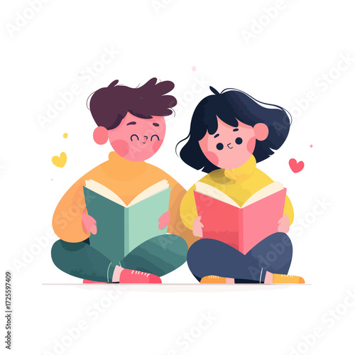 Happy boy and girl joyfully reading books together, sitting close.