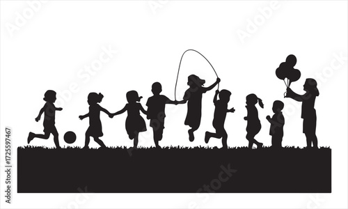 Children silhouettes playing together outdoors on a sunny day