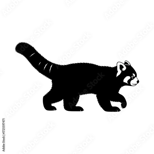 Black silhouette of a red panda walking, isolated on white background