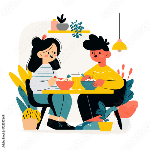 Happy couple enjoying a cheerful breakfast together at home, surrounded by plants.