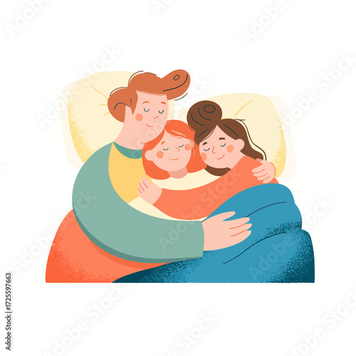 A father tenderly embraces his two young daughters in bed, sharing a warm and loving moment.