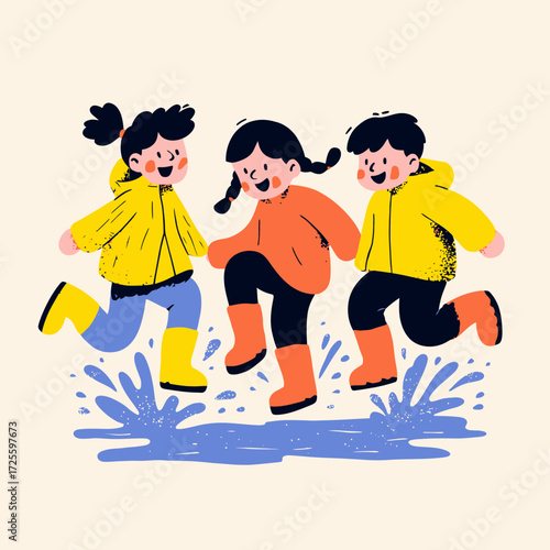 Three joyful children in raincoats playfully jump in a puddle.