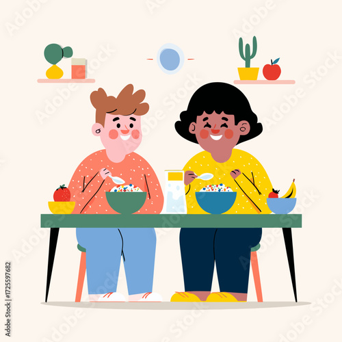 Happy children enjoying a healthy breakfast together at home.