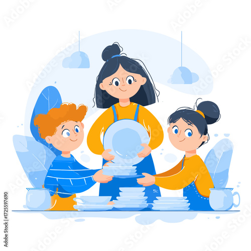 Happy children helping with chores, collaboratively stacking clean dishes together.